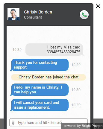 A customer provides a card number in a chat